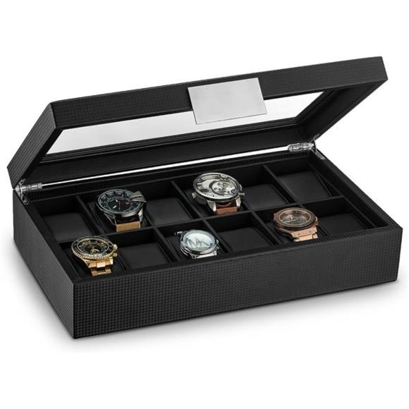 Watch Box for Men 12 Slot Luxurious & Masculine Carbon Fiber Textured Watch Case - Picture 1 of 5